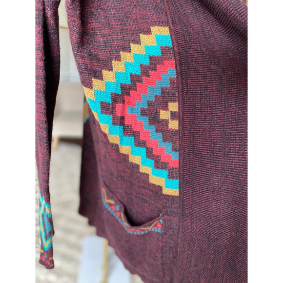 Billabong Aztec Knit Sweater Cardigan Open Front Tribal Boho Maroon M Cali Surf - Picture 9 of 9